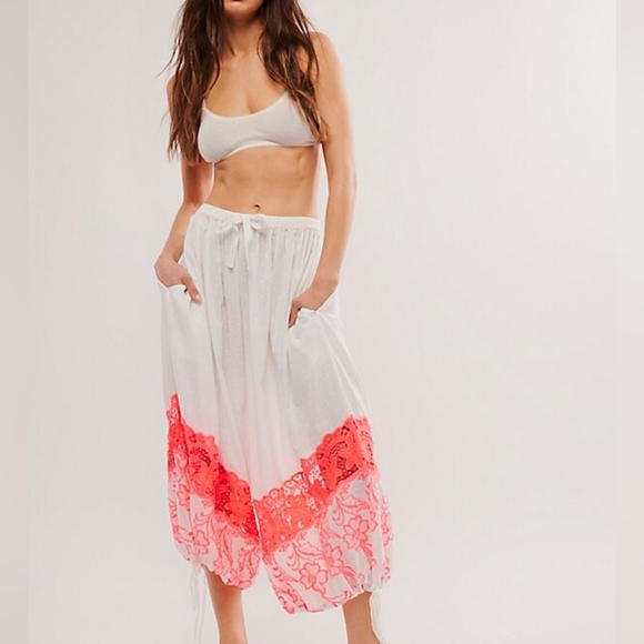 Free People Pants - FREE PEOPLE Day Glo Jogger White and Pink Lace Trim Oversized Cotton Pants